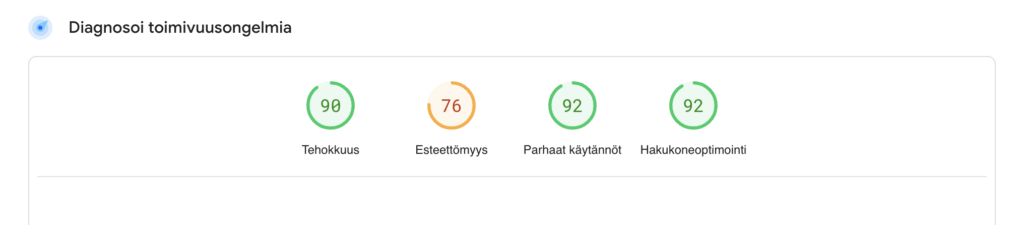 Havainnekuva siitä minkä näköisiä tuloksia Google PageSpeed Insightsista saa. Diagnoosi arvioi muun muassa verkkosivun tehokkuutta, esteettömyyttä, parhaiden käytäntöjen toteutumista sekä hakukoneoptimointia.